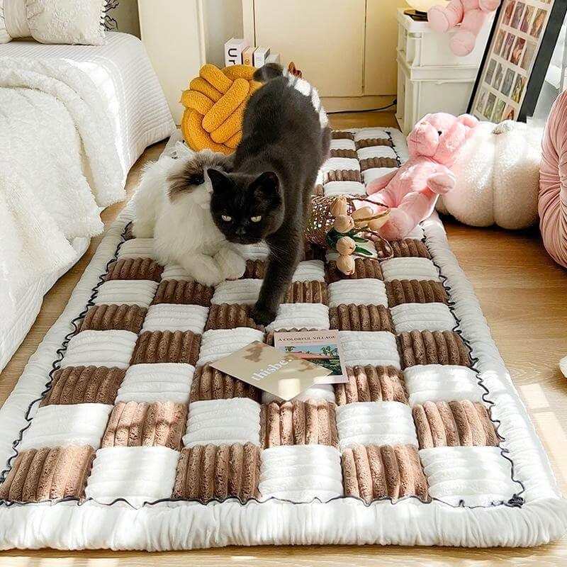 Cream-coloured Large Plaid Square Pet Mat Bed Couch Cover - milospaw