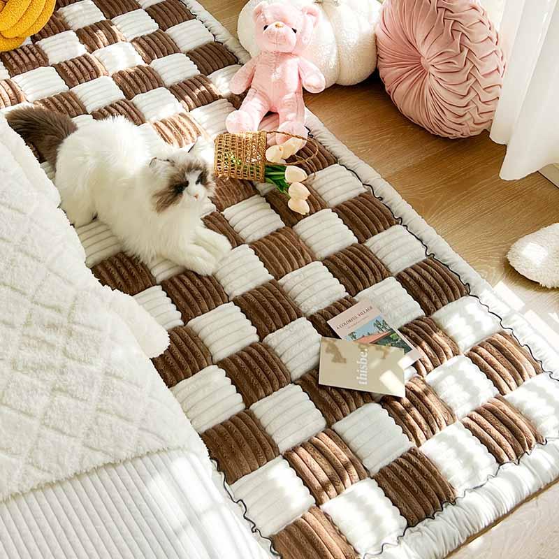 Cream-coloured Large Plaid Square Pet Mat Bed Couch Cover - milospaw