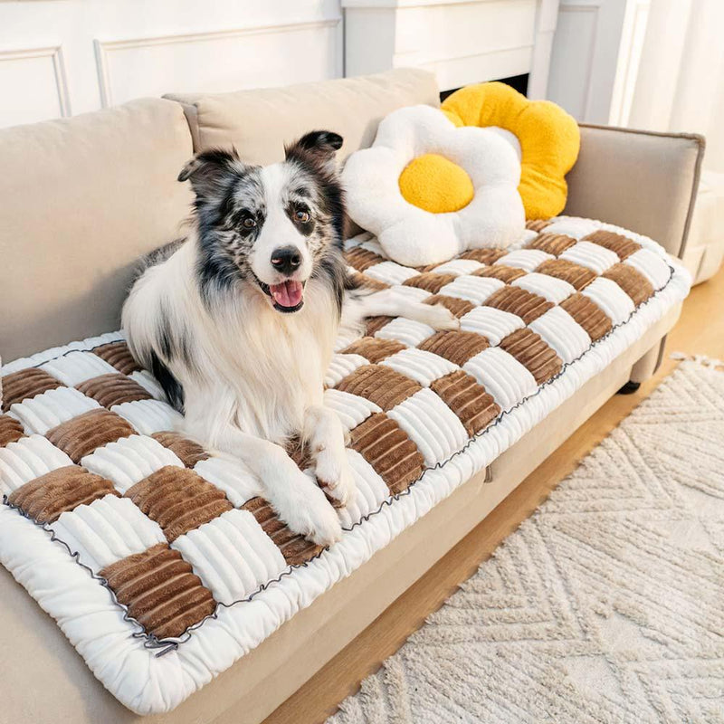 Cream-coloured Large Plaid Square Pet Mat Bed Couch Cover - milospaw