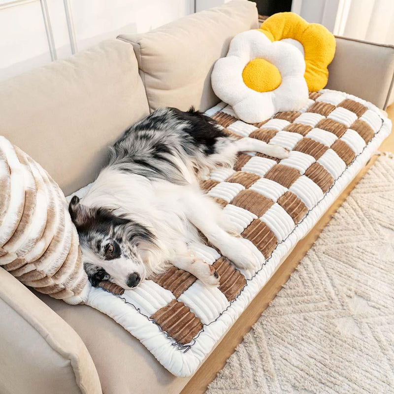 Cream-coloured Large Plaid Square Pet Mat Bed Couch Cover - milospaw